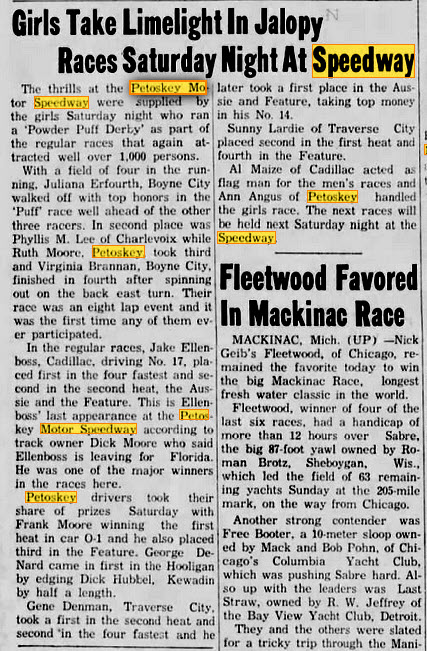 Petoskey Motor Speedway - July 23 1956 Article